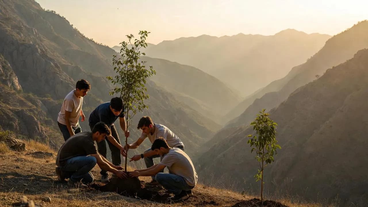 Brothers in recovery planting a tree together in the Rocky Mountains